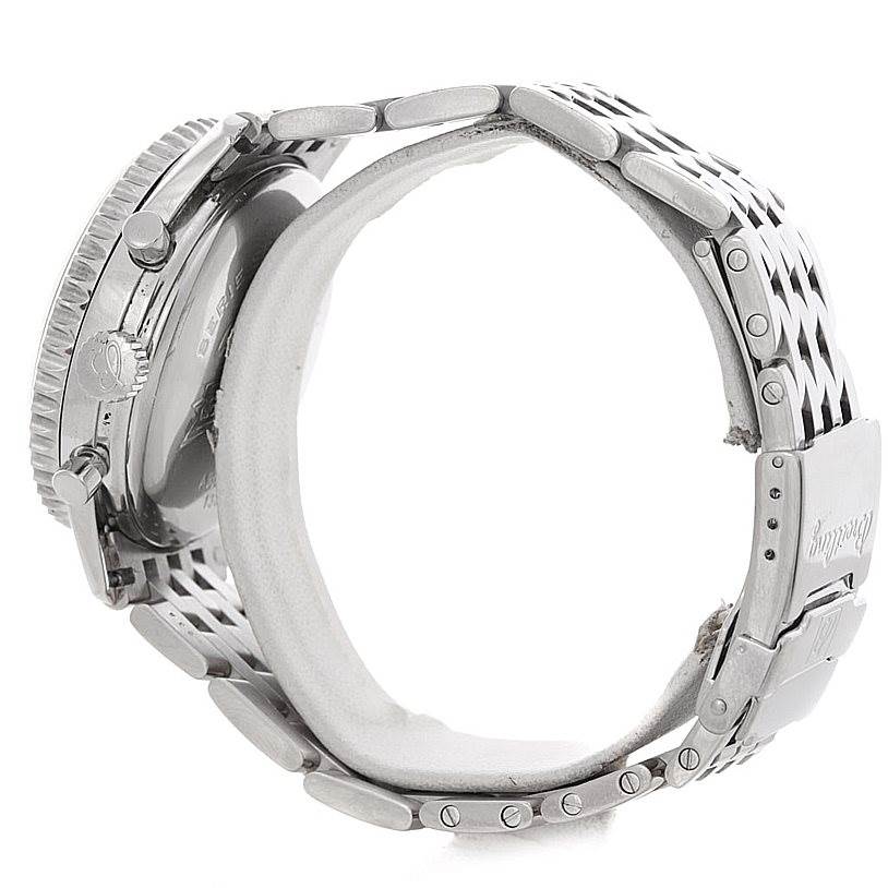 The image shows a side view of the Breitling Navitimer A36030 Men's Stainless Steel Black Dial A36030 Men's Stainless Steel Black Dial watch, highlighting the crown, bezel, case, and metal bracelet with a clasp.