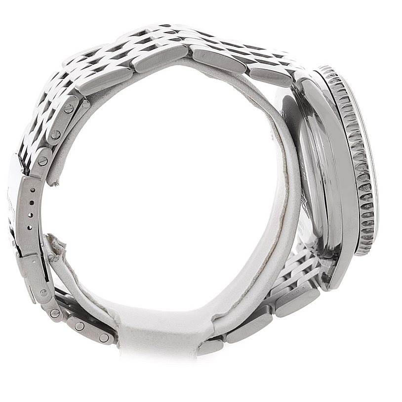 The image shows a side view of the Breitling Navitimer A36030 Men's Stainless Steel Black Dial A36030 Men's Stainless Steel Black Dial watch, highlighting the case, bezel, and part of the metal bracelet.