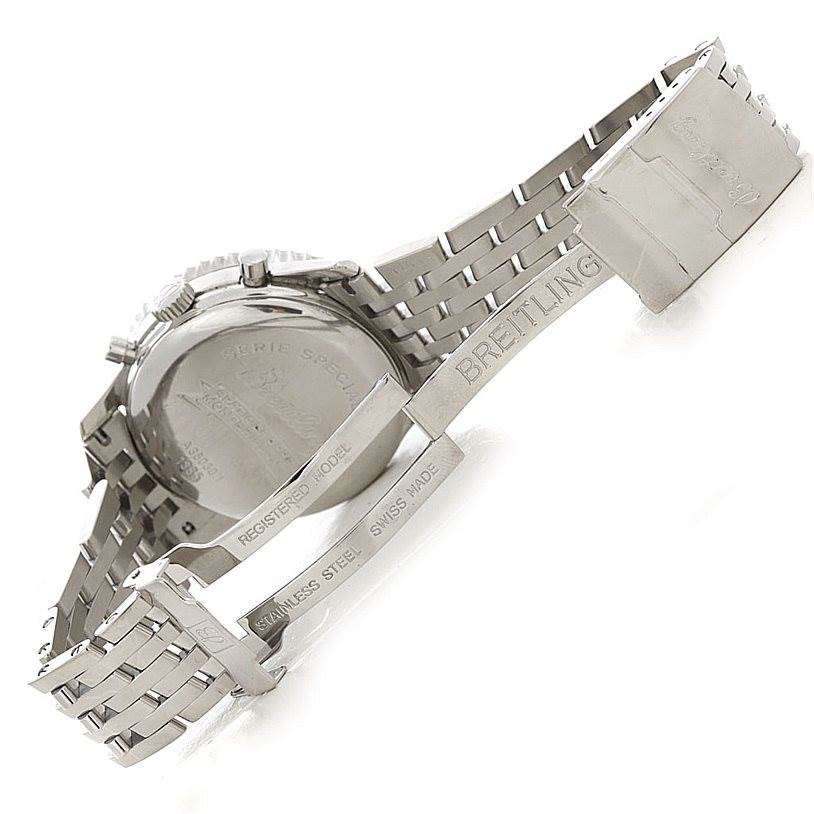 This image shows the back and partially unfolded clasp of a Breitling Navitimer A36030 Men's Stainless Steel Black Dial A36030 Men's Stainless Steel Black Dial watch from an angled view.