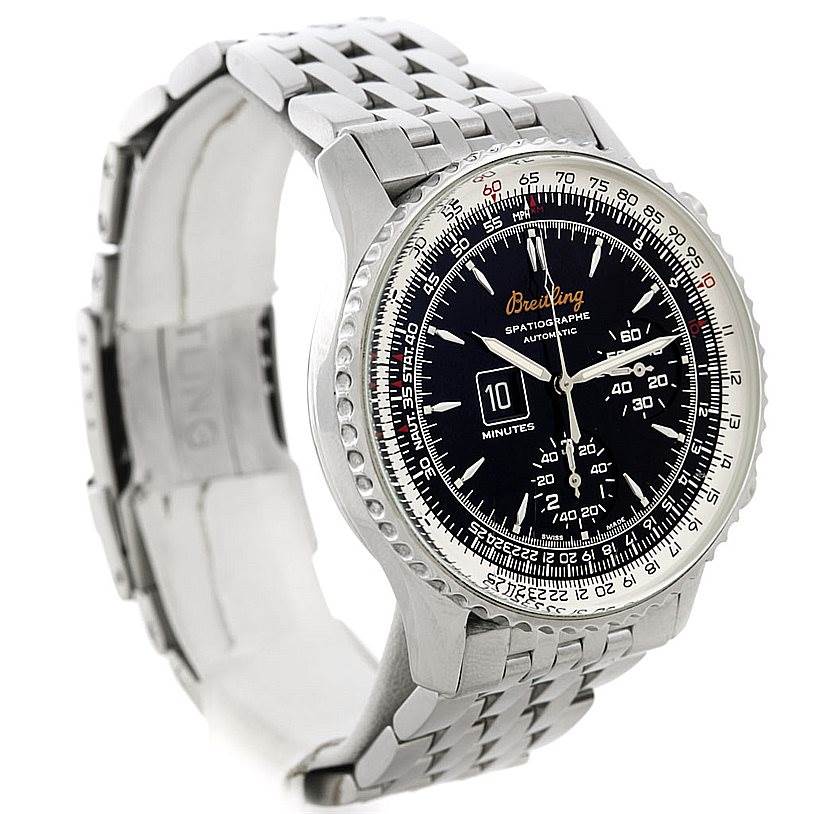 The Breitling Navitimer A36030 Men's Stainless Steel Black Dial A36030 Men's Stainless Steel Black Dial watch is shown at an angled side view, highlighting its bezel, face, and metal bracelet.