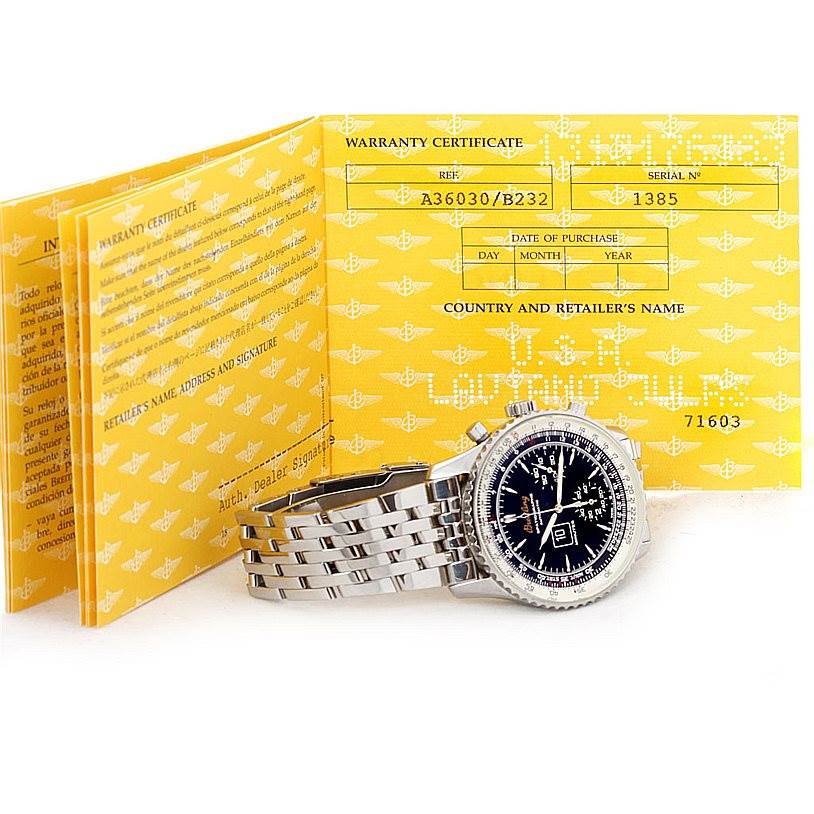 The image shows a Breitling Navitimer A36030 Men's Stainless Steel Black Dial A36030 Men's Stainless Steel Black Dial watch placed in front of its open warranty certificate.