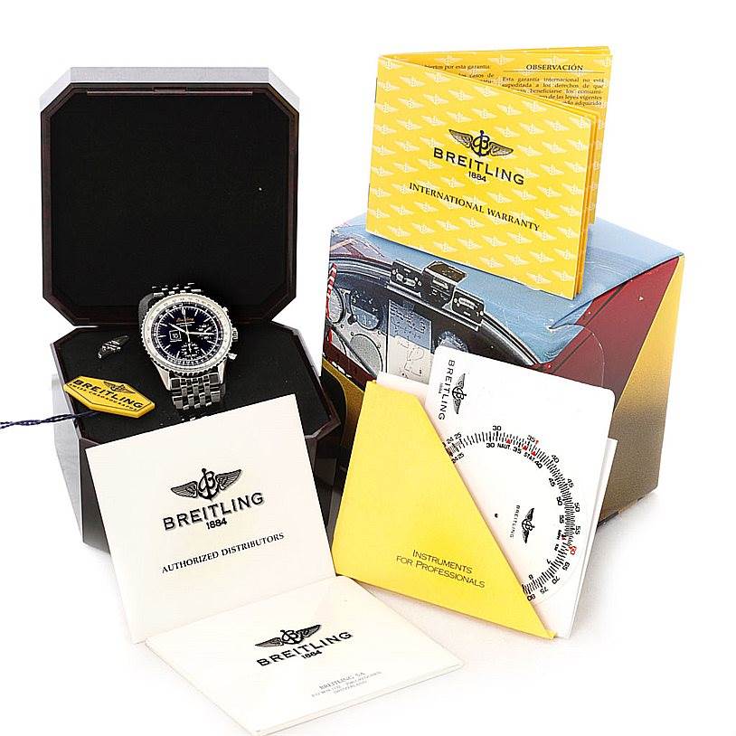 The image displays a Breitling Navitimer A36030 Men's Stainless Steel Black Dial A36030 Men's Stainless Steel Black Dial watch in its open case with accompanying booklets and warranty documentation.