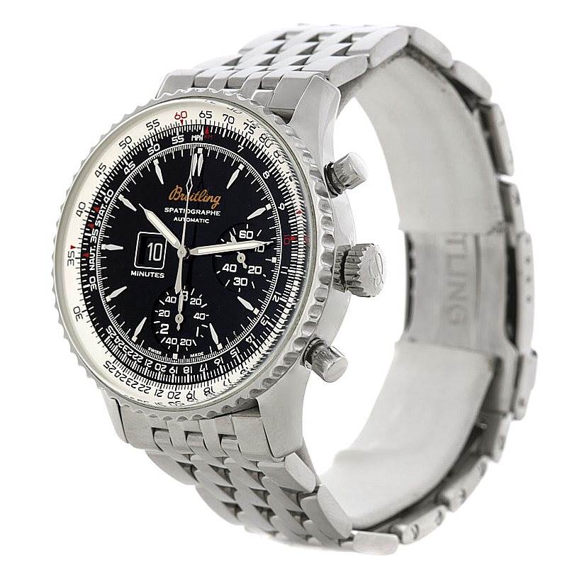 The image shows a front and angled side view of a Breitling Navitimer A36030 Men's Stainless Steel Black Dial A36030 Men's Stainless Steel Black Dial watch, highlighting the face, bezel, crown, and bracelet.