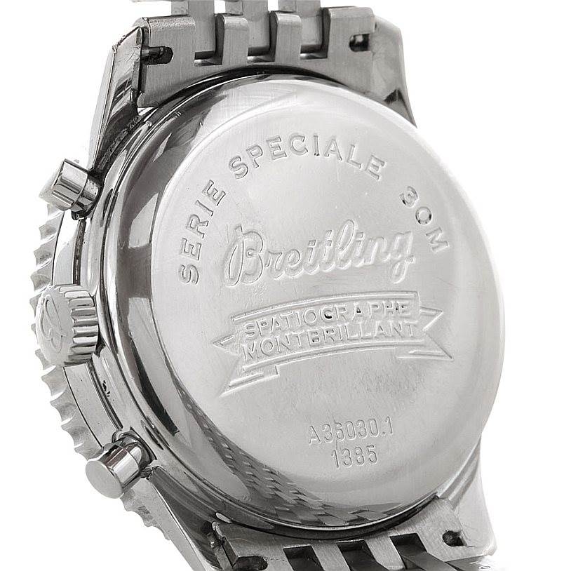 The image shows the back case, crown, and part of the bracelet of a Breitling Navitimer A36030 Men's Stainless Steel Black Dial A36030 Men's Stainless Steel Black Dial watch, viewed from an angled perspective.