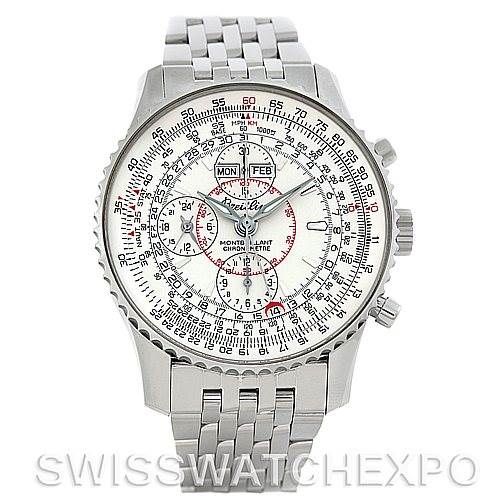 This image shows a front view of a Breitling Navitimer A21330 Men's Stainless Steel Beige Dial A21330 Men's Stainless Steel Beige Dial watch, featuring its dial, bezel, and bracelet.