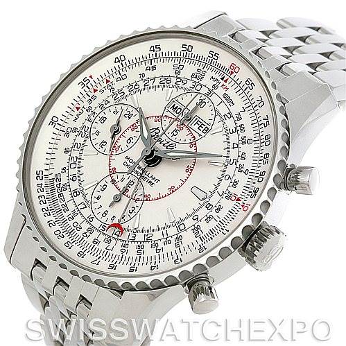 The Breitling Navitimer A21330 Men's Stainless Steel Beige Dial A21330 Men's Stainless Steel Beige Dial watch is shown at an angle displaying its face, bezel, three subdials, and stainless steel bracelet.