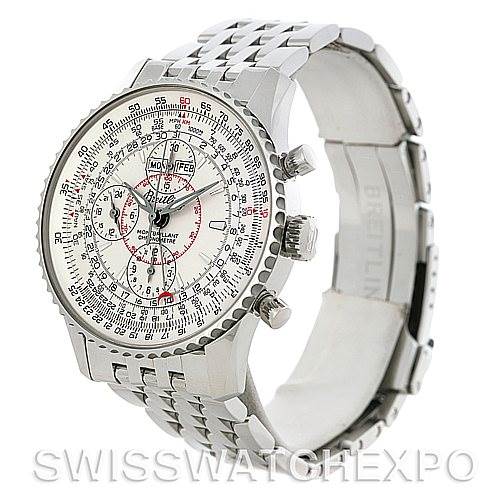 The image shows a Breitling Navitimer A21330 Men's Stainless Steel Beige Dial A21330 Men's Stainless Steel Beige Dial watch at a slightly angled side view, highlighting its face, crown, and metal bracelet.