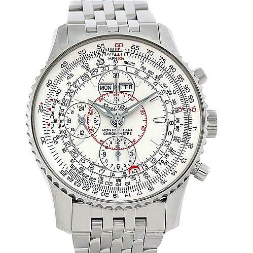 This image shows a Breitling Navitimer A21330 Men's Stainless Steel Beige Dial A21330 Men's Stainless Steel Beige Dial watch from a front angle, displaying its intricate dial and stainless steel bracelet.