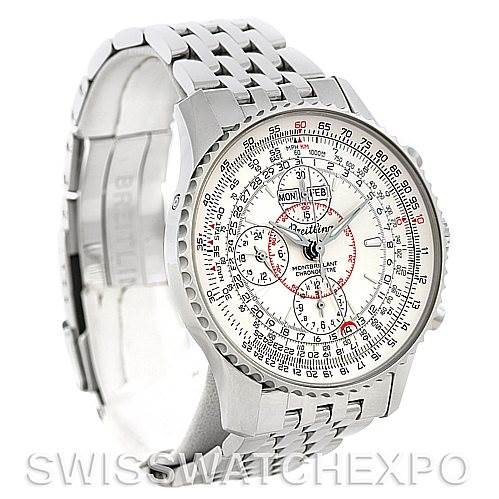 The image shows a Breitling Navitimer A21330 Men's Stainless Steel Beige Dial A21330 Men's Stainless Steel Beige Dial watch from an angled side view, displaying its dial, bezel, and metal bracelet.