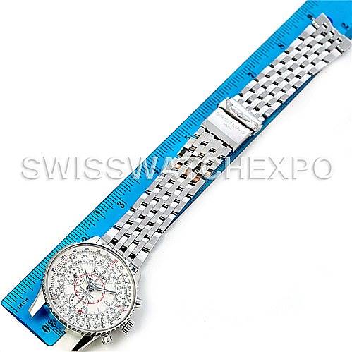 The image shows a Breitling Navitimer A21330 Men's Stainless Steel Beige Dial A21330 Men's Stainless Steel Beige Dial watch laid out flat with a ruler beside it, highlighting the face, case, and metal bracelet.