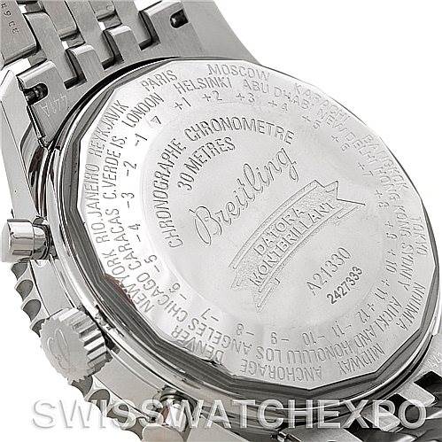 This image shows the back case and part of the band of a Breitling Navitimer A21330 Men's Stainless Steel Beige Dial A21330 Men's Stainless Steel Beige Dial watch, featuring detailed engravings and a logo.