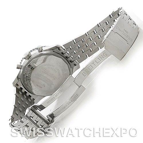 The image shows the back view of a Breitling Navitimer A21330 Men's Stainless Steel Beige Dial A21330 Men's Stainless Steel Beige Dial watch, highlighting its stainless steel bracelet and deployment clasp.