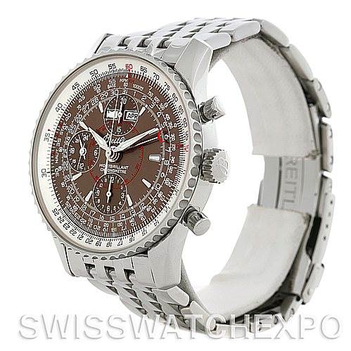 The Breitling Navitimer A21330 Men
s Stainless Steel Brown Dial A21330 Men
s Stainless Steel Brown Dial watch is shown at a slight angle, displaying its dial, bezel, crown, pushers, and stainless steel bracelet.