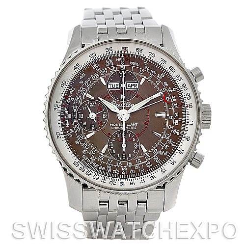 The image shows a front view of a Breitling Navitimer A21330 Men
s Stainless Steel Brown Dial A21330 Men
s Stainless Steel Brown Dial watch, highlighting the dial, bezel, chronograph subdials, and stainless steel bracelet.