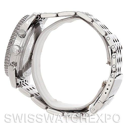 The image shows a side profile of a Breitling Navitimer A21330 Men
s Stainless Steel Brown Dial A21330 Men
s Stainless Steel Brown Dial watch, displaying its case, crown, and bracelet with a polished finish.