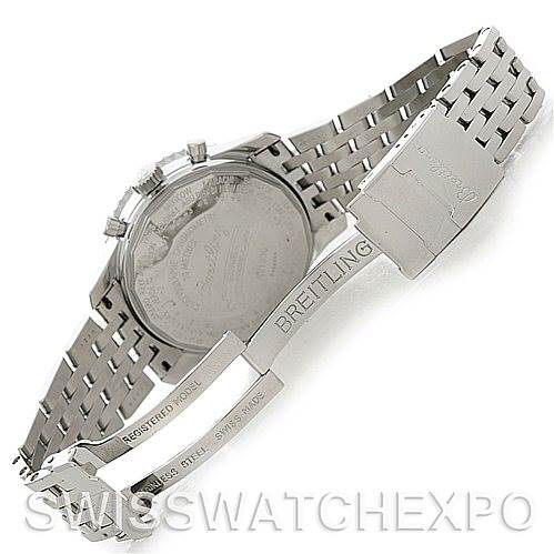 This image shows the backside and clasp of a Breitling Navitimer A21330 Men
s Stainless Steel Brown Dial A21330 Men
s Stainless Steel Brown Dial watch, featuring the engraving on the clasp and bracelet.