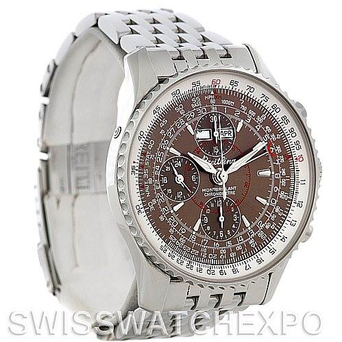 This image shows a Breitling Navitimer A21330 Men
s Stainless Steel Brown Dial A21330 Men
s Stainless Steel Brown Dial watch from a front-left angle, highlighting the watch face, bezel, and metal bracelet.