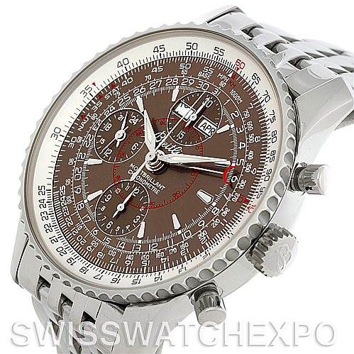 The image shows a Breitling Navitimer A21330 Men
s Stainless Steel Brown Dial A21330 Men
s Stainless Steel Brown Dial watch from a front-left angle, highlighting the face, bezel, and part of the bracelet.