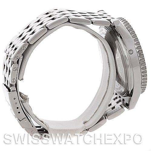 The image shows a side view of a Breitling Navitimer A21330 Men
s Stainless Steel Brown Dial A21330 Men
s Stainless Steel Brown Dial watch, highlighting its bracelet and case.