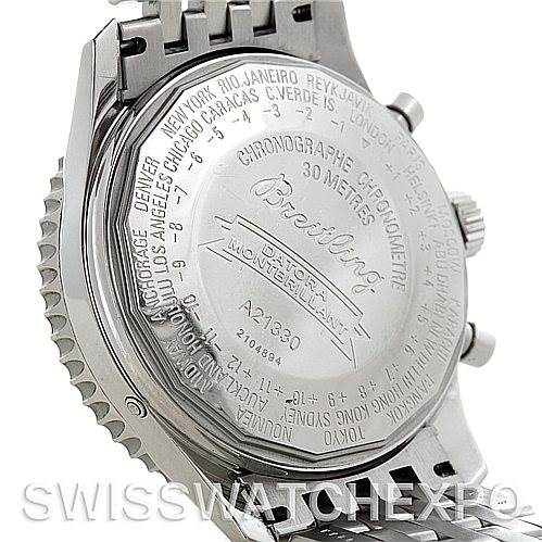 This image shows the back casing and part of the metal bracelet of a Breitling Navitimer A21330 Men
s Stainless Steel Brown Dial A21330 Men
s Stainless Steel Brown Dial watch.