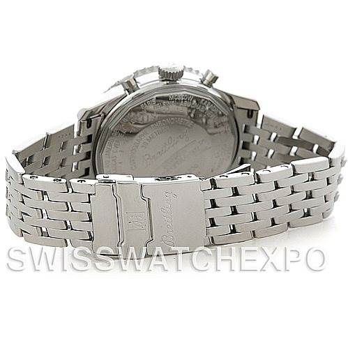 This image shows the back and stainless steel bracelet of a Breitling Navitimer A21330 Men
s Stainless Steel Brown Dial A21330 Men
s Stainless Steel Brown Dial watch, showcasing its clasp and caseback details.