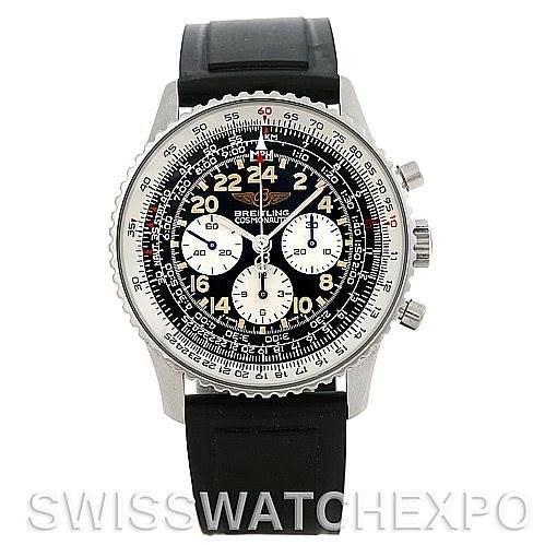 The image shows a frontal view of a Breitling Navitimer A12022 Men
s Stainless Steel Black Dial A12022 Men
s Stainless Steel Black Dial watch, highlighting the face, bezel, pushers, and strap.