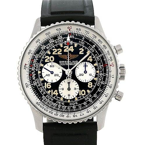 The image shows a front view of a Breitling Navitimer A12022 Men
s Stainless Steel Black Dial A12022 Men
s Stainless Steel Black Dial watch, highlighting the bezel, dial, subdials, and pushers.