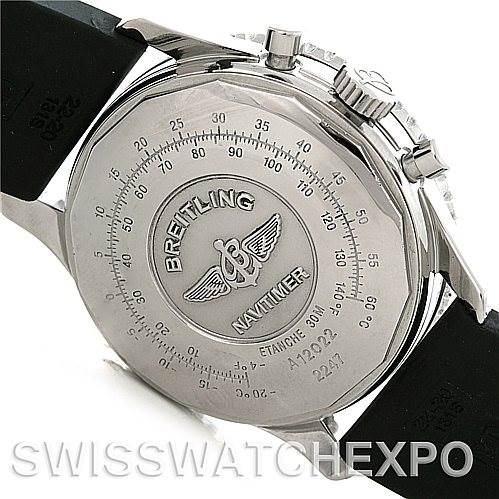 The image shows the back case and part of the bezel and strap of a Breitling Navitimer A12022 Men
s Stainless Steel Black Dial A12022 Men
s Stainless Steel Black Dial watch.