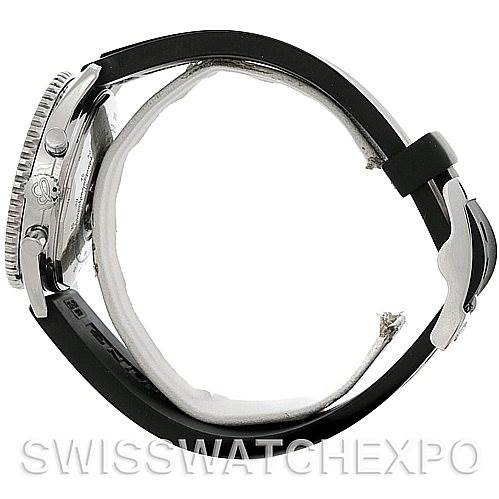 This image shows the side and buckle of a Breitling Navitimer A12022 Men
s Stainless Steel Black Dial A12022 Men
s Stainless Steel Black Dial watch, focusing on the watch case, bezel, crown, pushers, and strap.