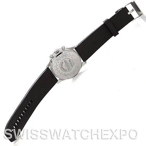 The image shows the back and strap of a Breitling Navitimer A12022 Men
s Stainless Steel Black Dial A12022 Men
s Stainless Steel Black Dial watch laid flat.