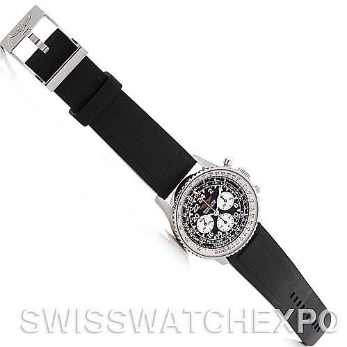 The image shows a top view of a Breitling Navitimer A12022 Men
s Stainless Steel Black Dial A12022 Men
s Stainless Steel Black Dial watch with a black strap and a detailed dial.