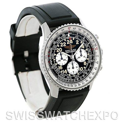 This image shows a Breitling Navitimer A12022 Men
s Stainless Steel Black Dial A12022 Men
s Stainless Steel Black Dial watch at a slight angle, displaying its face, bezel, and black rubber strap.