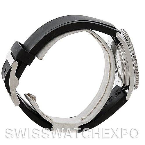 This image shows a side view of a Breitling Navitimer A12022 Men
s Stainless Steel Black Dial A12022 Men
s Stainless Steel Black Dial watch with its black strap and buckle clearly visible.