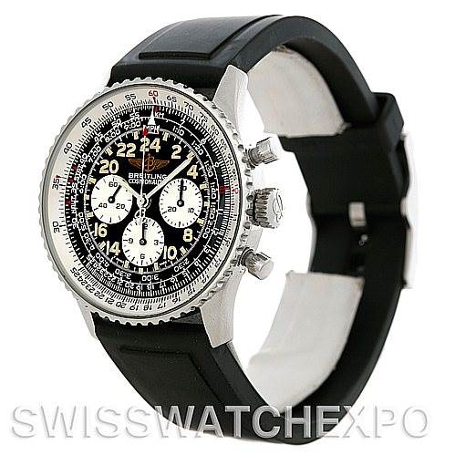 The image shows the Breitling Navitimer A12022 Men
s Stainless Steel Black Dial A12022 Men
s Stainless Steel Black Dial watch in a three-quarter angle, highlighting the dial and black rubber strap.
