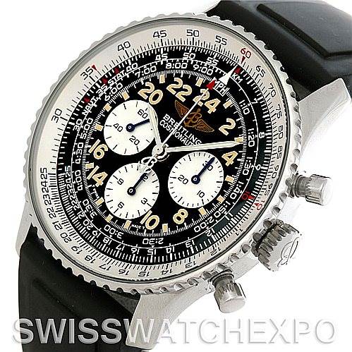 This image shows a Breitling Navitimer A12022 Men
s Stainless Steel Black Dial A12022 Men
s Stainless Steel Black Dial watch from a front angle, highlighting its dial, bezel, and pushers.
