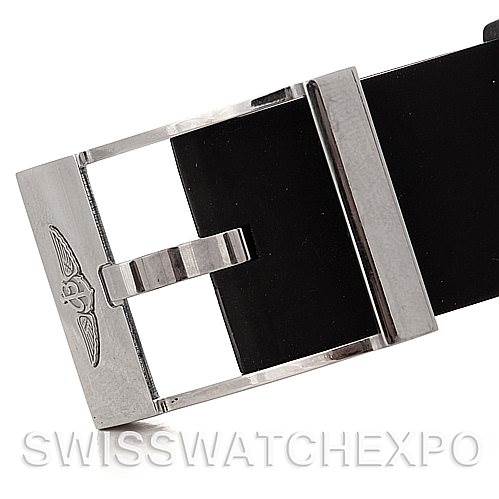 This image shows a close-up of the buckle and strap of the Breitling Navitimer A12022 Men
s Stainless Steel Black Dial A12022 Men
s Stainless Steel Black Dial watch.