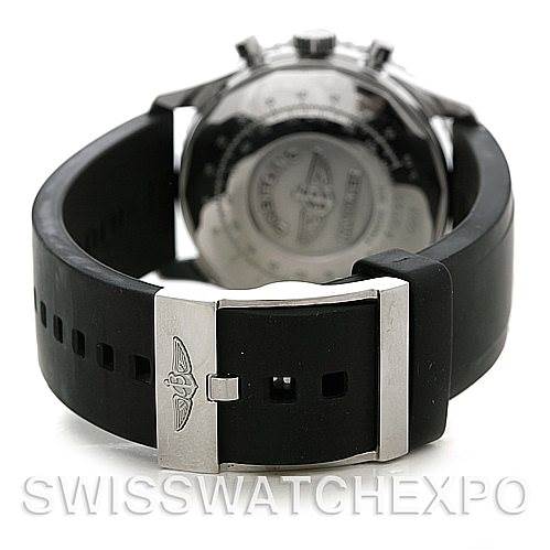 This image shows a rear view of a Breitling Navitimer A12022 Men
s Stainless Steel Black Dial A12022 Men
s Stainless Steel Black Dial watch, highlighting the case back and the clasp of its black strap.