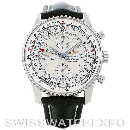 This image shows a front view of a Breitling Navitimer A24322 Men's Stainless Steel Silver Dial A24322 Men's Stainless Steel Silver Dial watch, displaying the face, chronograph dials, bezel, and leather strap.