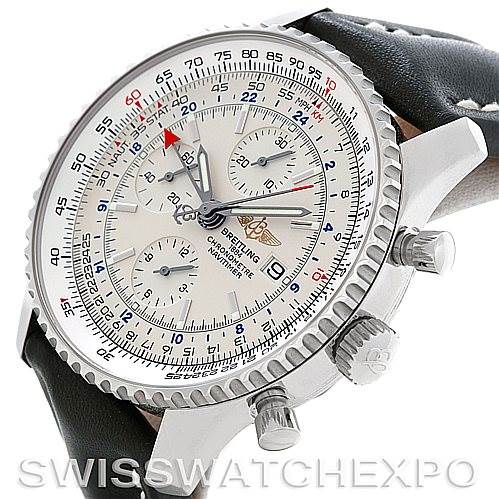 The image shows a side angle of the Breitling Navitimer A24322 Men's Stainless Steel Silver Dial A24322 Men's Stainless Steel Silver Dial watch, highlighting the face, bezel, pushers, and part of the leather strap.