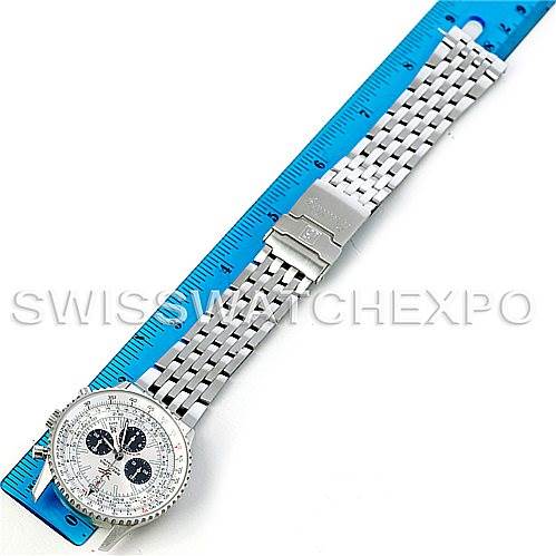 The image shows a Breitling Navitimer A41322 Men's Stainless Steel Silver Dial A41322 Men's Stainless Steel Silver Dial watch laid flat with a ruler to its side, displaying the face, bezel, and bracelet.