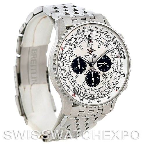 The image shows a side and front angle view of the Breitling Navitimer A41322 Men's Stainless Steel Silver Dial A41322 Men's Stainless Steel Silver Dial watch, displaying its dial, bezel, and metal bracelet.