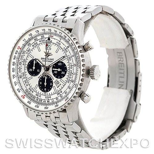 This image shows a Breitling Navitimer A41322 Men's Stainless Steel Silver Dial A41322 Men's Stainless Steel Silver Dial watch at a three-quarter angle, highlighting the face, bezel, and metal bracelet.
