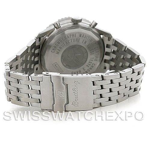 The image shows the back case and bracelet of a Breitling Navitimer A41322 Men's Stainless Steel Silver Dial A41322 Men's Stainless Steel Silver Dial watch from a rear angle.