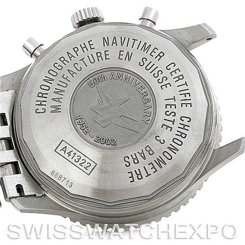 The image shows the case back of a Breitling Navitimer A41322 Men's Stainless Steel Silver Dial A41322 Men's Stainless Steel Silver Dial watch, displaying engravings and part of the bracelet.