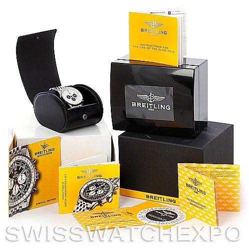 The image shows the Breitling Navitimer A41322 Men's Stainless Steel Silver Dial A41322 Men's Stainless Steel Silver Dial watch, its black case, original box, and several instruction booklets from various angles.