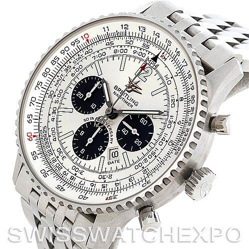 The image shows a Breitling Navitimer A41322 Men's Stainless Steel Silver Dial A41322 Men's Stainless Steel Silver Dial watch at an oblique angle, highlighting the dial, chronograph subdials, bezel, and bracelet.