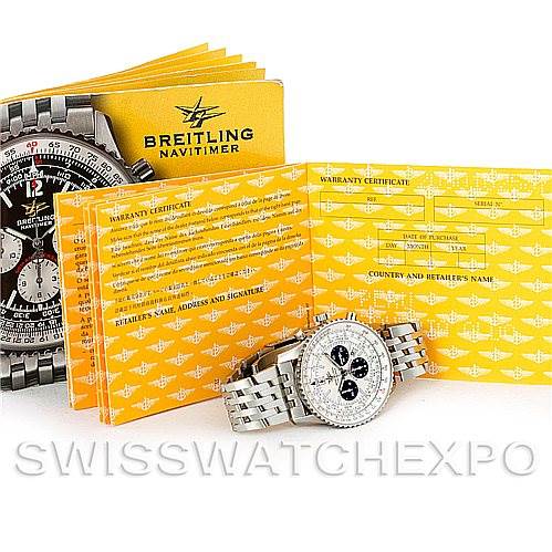 The image shows a Breitling Navitimer A41322 Men's Stainless Steel Silver Dial A41322 Men's Stainless Steel Silver Dial watch and its accessories, including the warranty certificate and user manual.