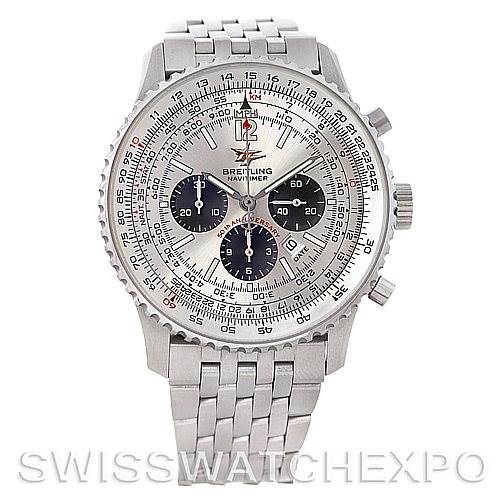 The image shows a front view of a Breitling Navitimer A41322 Men's Stainless Steel Silver Dial A41322 Men's Stainless Steel Silver Dial watch, displaying its face, bezel, and bracelet.