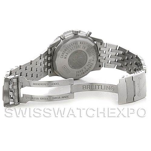 The image shows the backside and clasp of the Breitling Navitimer A41322 Men's Stainless Steel Silver Dial A41322 Men's Stainless Steel Silver Dial, showcasing its stainless steel bracelet and engraved case back.