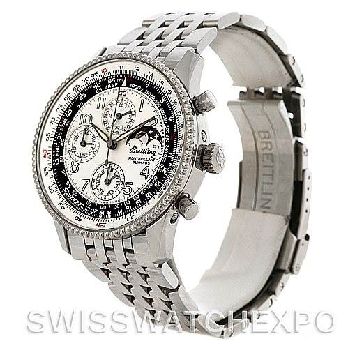 This image shows a side angle of a Breitling Navitimer A19350 Men
s Stainless Steel Silver Dial A19350 Men
s Stainless Steel Silver Dial watch, clearly displaying the dial, bezel, crown, and stainless steel bracelet.